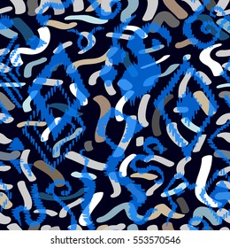 Seamless blue ikat pattern. African, Arabic, Indian, Indonesian motifs. Ethnic textile collection.