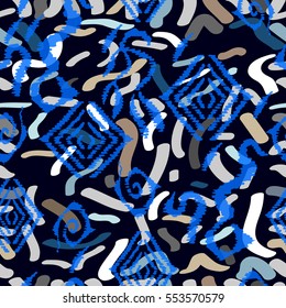 Seamless blue ikat pattern. African, Arabic, Indian, Indonesian motifs. Ethnic textile collection.
