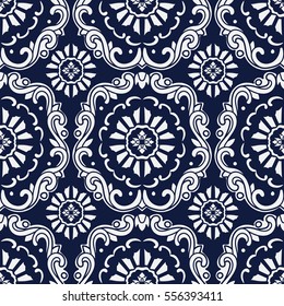 Seamless Blue Japanese Background Botanic Spiral Curve Cross Flower