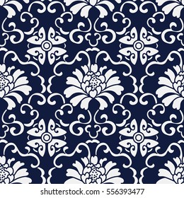 Seamless Blue Japanese Background Botanic Spiral Vine Flower