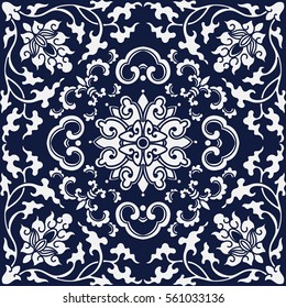 Seamless Blue Japanese Background Botanic Spiral Vine Cross Flower