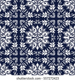 Seamless Blue Japanese Background Cross Spiral Vine Flower