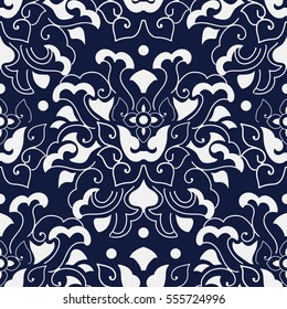 Seamless Blue Japanese Background Curve Spiral Flower Frame