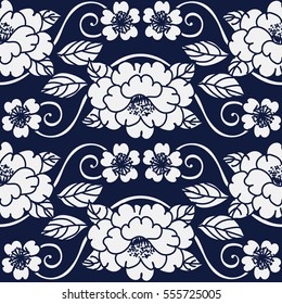 Seamless Blue Japanese Background Garden Curve Spiral Vine Flower