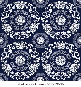 Seamless Blue Japanese Background Round Spiral Frame Flower Vine