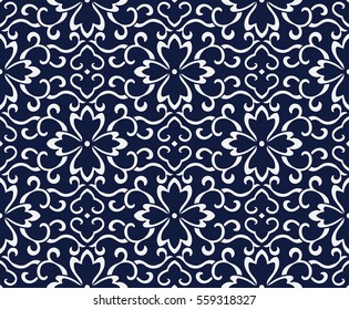 Seamless Blue Japanese Background Spiral Curve Vine Flower