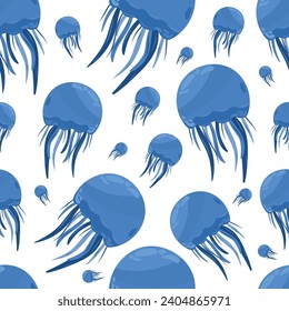 Seamless blue jellyfish pattern on white isolated background. Sea life style. For children's wallpaper, textiles.