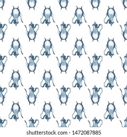 Seamless blue kitchen watercolor pattern. Vector teapot illustration. 