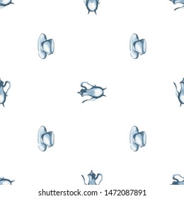 Seamless blue kitchen watercolor pattern. Vector teapot illustration. 