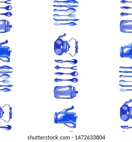 Seamless blue kitchen watercolor pattern. Vector teapot illustration. 
