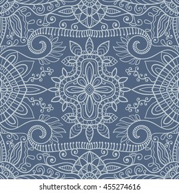 Seamless blue lace pattern. Contemporary graphic design, seamless line geometric background. Vector stylish endless texture. Tribal ethnic arabic, indian, turkish ornament