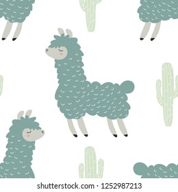 Seamless blue Lama pattern and cacti. Vector illustration for printing on children's clothing, fabrics, packaging paper, Wallpaper, handmade. Cute baby background.