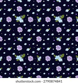 Seamless Blue and Lavender Floral Pattern on Dark Background, Cute Ditsy Flower Repeat Vector for Fabric, Textile, Wallpaper and Wrapping Paper