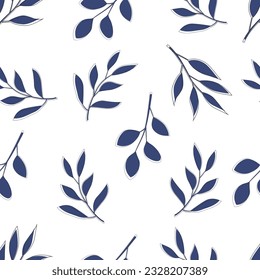 Seamless blue leaf, branch pattern drawing. Blue ivy leaf, classic beautiful garden ornament for fabric design. Decorative, textile, wrapping paper, wallpaper. Vector seamless illustration