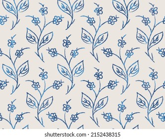 Seamless blue leaf and flowers pattern. Geometric branch and leaves pattern on beige background.
