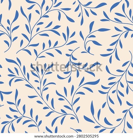 Seamless Blue Leaf Vine Pattern on Beige Background