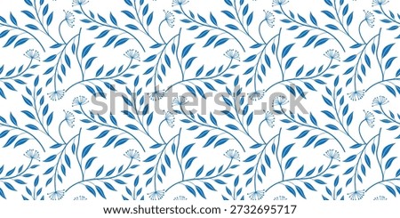 Seamless blue leafy branch pattern on white background. Minimal botanical foliage illustration for clean modern nature designs. Repeating plant texture ideal for wallpaper, fabric, and packaging. 