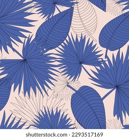 Seamless blue leaves pattern design on cream background. Tropical abstract leaf surface design. Perfect for summer dress and silhouette, fashion, textile, fabric, decoration, home design.