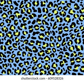 Seamless blue leopard pattern 80s 90s style.Fashionable exotic animal print.Vector