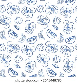 Seamless Blue Line Pattern with Shrimps, Garlic, Citrus and Leaves