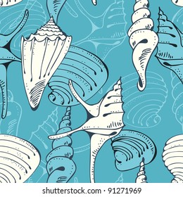 Seamless blue marine pattern with shells