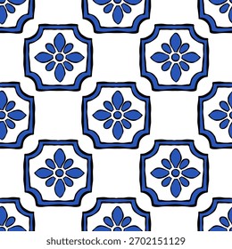 Padrão de azulejo azul mediterrâneo sem costura com design floral