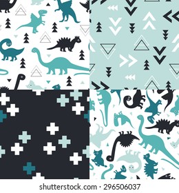 Seamless Blue And Mint Kids Geometric Dino Triangles And Dinosaur Plus Sign Cross Illustration Background Collection Pattern In Vector