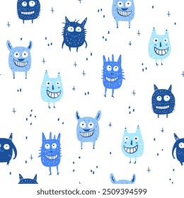 Seamless blue monsters pattern. Perfect for textile for boys 