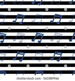 seamless blue music note with silver dot glitter pattern on stripe background