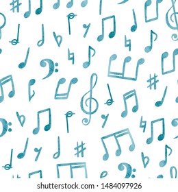 Seamless blue music notes pattern. Musical watercolor background.