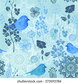 seamless blue nature pattern with circle ornament, watercolor bird and graphic flower, boho style pattern for textile or wallpaper,lace  vector, artist paper media