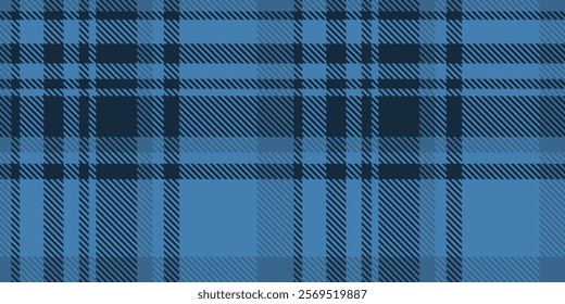 Seamless blue and navy plaid pattern with diagonal striped details. Geometric textile design for backgrounds and print