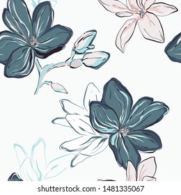 Seamless blue navy vector Floral Pattern. Tender blue flowers on white background. Floral botany art, fabrics, wrapping paper design.
