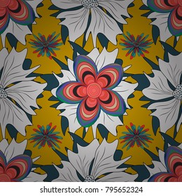Seamless blue, neutral and yellow background with abstract flowers and elements. Vector retro illustration. Ideal for printing on fabric or paper.