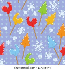 Seamless blue New Year pattern with Russian traditional rooster sugar lollipop. Vector illustration