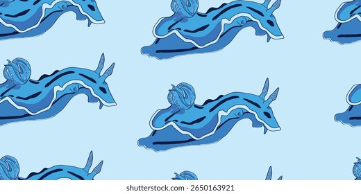 Padrão de Nudibranchs azul contínuo no fundo azul. Ilustração vetorial. Animais marinhos, vida selvagem subaquática. Design de roupas infantis. Bebê educar. 