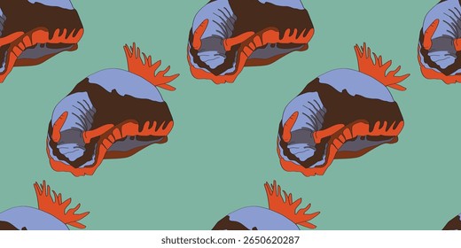Seamless blue Nudibranchs pattern on green background. Vector illustration. Sea animals, underwater  wild life. Childish clothes design. Baby educate. 