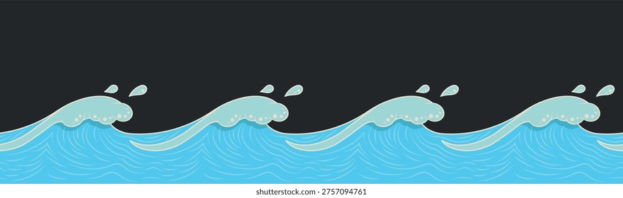 Seamless blue ocean waves border. Blue water surf theme graphics