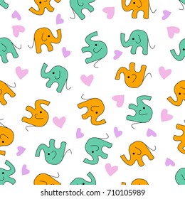 Seamless blue and orange cute elephants pattern with pink and purple hearts on a white background - Eps10 vector graphics and illustration