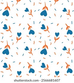 Seamless Blue and Orange Floral Pattern with Heart Flowers