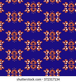 Seamless blue and orange floral pattern with Peony. Vector illustration.