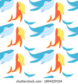 seamless blue and orange whale pattern on white background.  stock vector illustration with colorful sea animals. children's print for printing on fabric and paper. smiling whales.