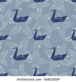 seamless blue origami bird with silver dot glitter pattern background