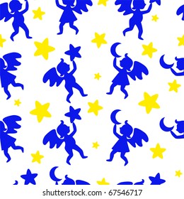 Seamless blue ornament with the angels and the yellow stars