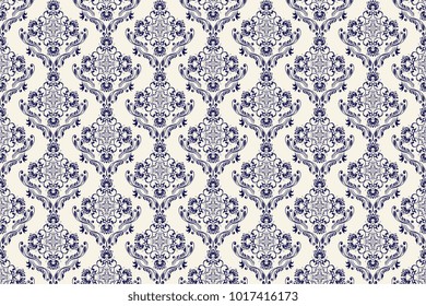 Seamless blue ornament on a white wallpaper pattern. Floral ornament on background