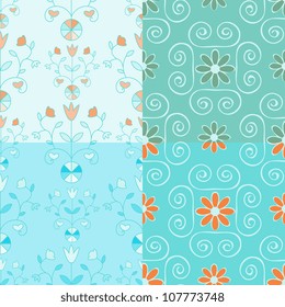 Seamless blue ornamental floral patterns