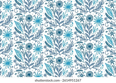 seamless blue outline floral pattern with modern botanical shapes for fabric wrapping paper and table top use


