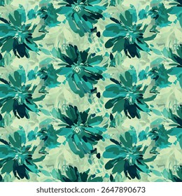 Seamless blue overall floral pattern with watercolor tropical illustration on sky blue background.