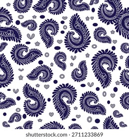 Seamless blue Paisley pattern featuring refined teardrop motifs and elegant swirling details. The deep blue tones create a sophisticated, calm, and timeless aesthetic, ideal for textiles, wallpapers, 