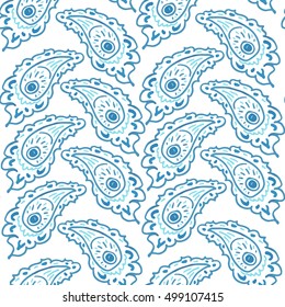 Seamless blue paisley pattern on white background. Oriental decoration print. Boho style, for wrapping, wallpaper, fabric. Indian ornament